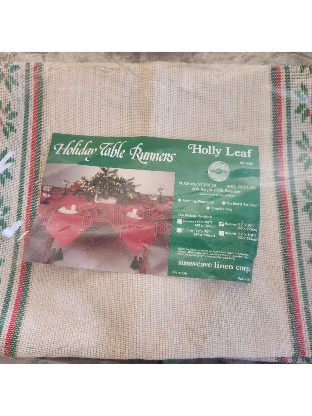 New in Package Sunweave Linen Co. Holly Leaf Table Runner 17"x90" - Picture 4 of 7